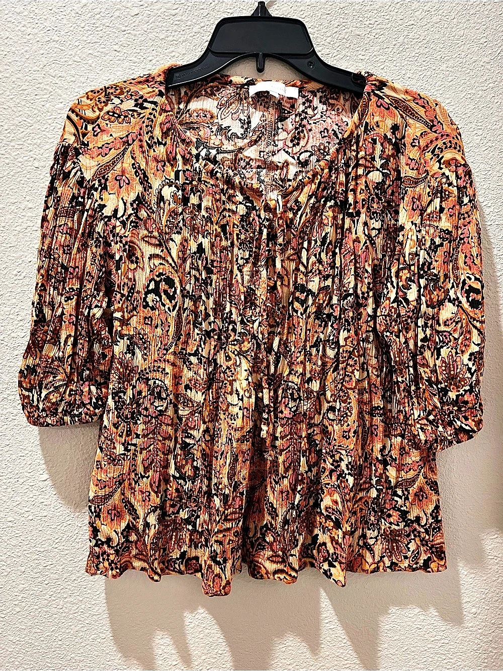 Oliveaceous Paisley Short Sleeve Blouse in Orange & Brown Size Small